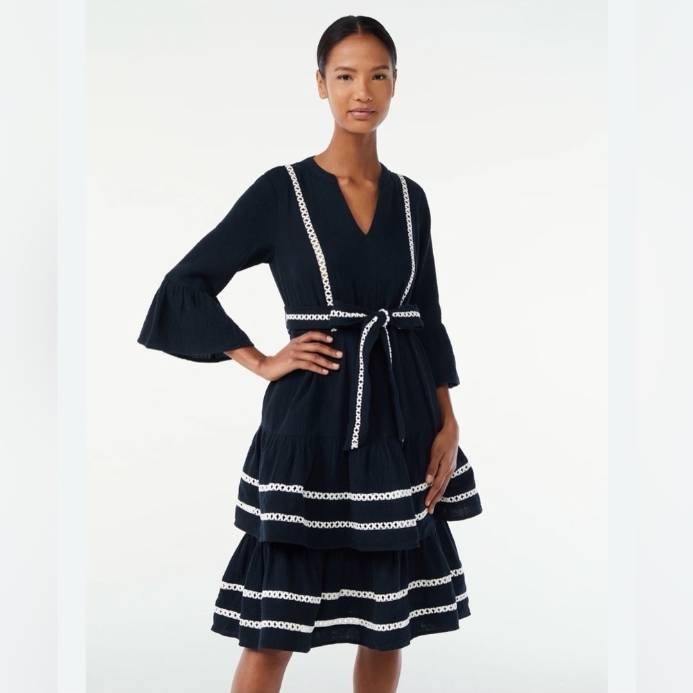Scoop Black Boho Dress Embroidered Trim Belted Tiered Midi Dress Size M